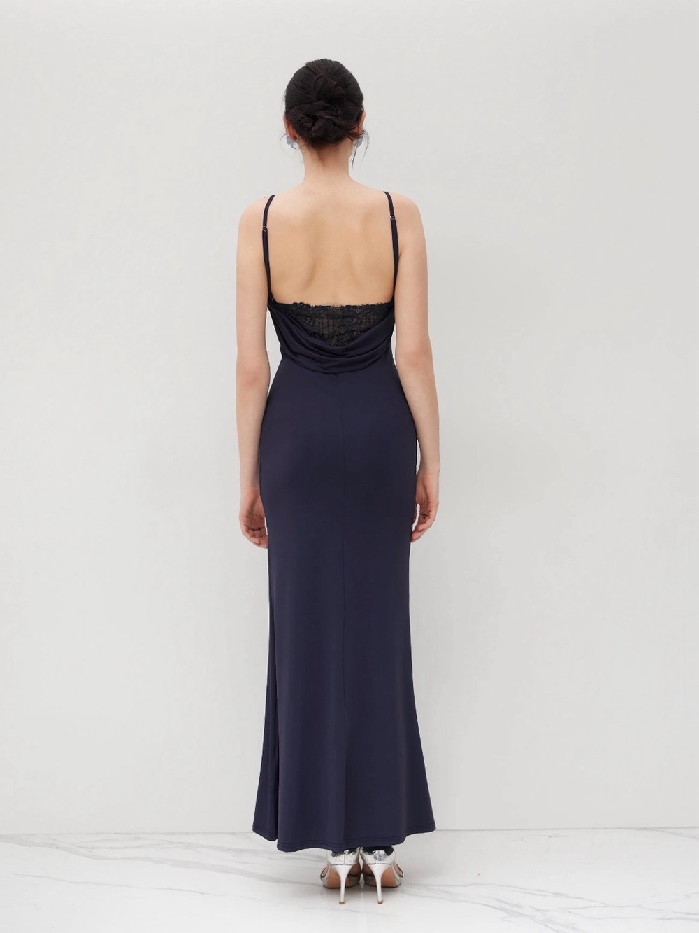 Cider Navy Spaghetti-Strap Maxi Dress with  Lace Back Detail